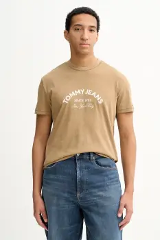 Tommy Jeans tricou din bumbac culoarea maro, cu imprimeu, DM0DM22328 imagine