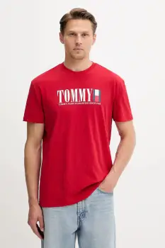 Tommy Jeans tricou din bumbac culoarea rosu, cu imprimeu, DM0DM21941 imagine