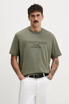 Tommy Jeans tricou din bumbac culoarea verde, cu imprimeu, DM0DM22330 imagine