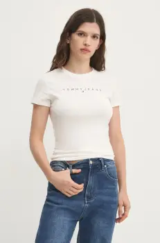 Tommy Jeans tricou din bumbac femei, culoarea bej, DW0DW18398 imagine