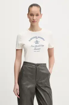 Tommy Jeans tricou din bumbac femei, culoarea bej, DW0DW20323 imagine