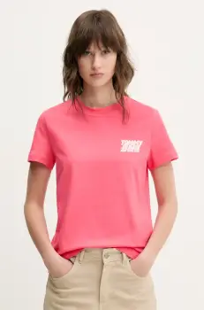 Tommy Jeans tricou din bumbac femei, culoarea roz, DW0DW21338 imagine