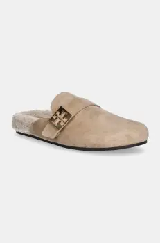 Tory Burch papuci din piele Mellow Shearling Mule femei, culoarea bej, 163612-250 imagine