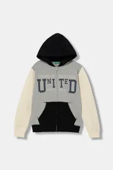 United Colors of Benetton bluza copii culoarea gri, cu gluga, cu imprimeu, 3EB5C505L imagine