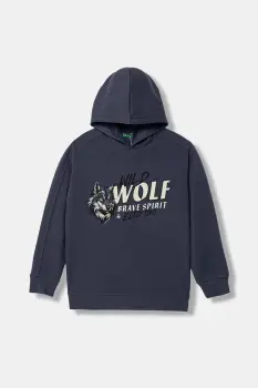 United Colors of Benetton bluza copii culoarea gri, cu gluga, cu imprimeu, 3J73C205C imagine