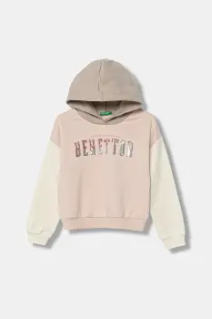 United Colors of Benetton bluza copii culoarea roz, cu gluga, cu imprimeu, 39M2C205E imagine