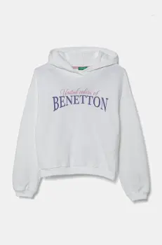 United Colors of Benetton hanorac de bumbac pentru copii culoarea alb, cu gluga, cu imprimeu, 3J68C204D imagine