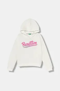 United Colors of Benetton hanorac de bumbac pentru copii culoarea alb, cu gluga, cu imprimeu, 3J68C204W imagine