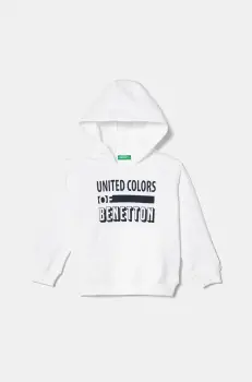 United Colors of Benetton hanorac de bumbac pentru copii culoarea alb, cu gluga, cu imprimeu, 3J68G2011 imagine