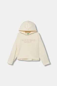 United Colors of Benetton hanorac de bumbac pentru copii culoarea bej, cu gluga, cu imprimeu, 3NBMC2053 imagine