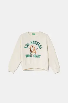 United Colors of Benetton hanorac de bumbac pentru copii culoarea bej, cu imprimeu, 3J68C10NX imagine