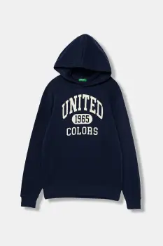 United Colors of Benetton hanorac de bumbac pentru copii culoarea bleumarin, cu gluga, cu imprimeu, 3J68C203N imagine