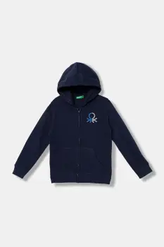 United Colors of Benetton hanorac de bumbac pentru copii culoarea bleumarin, cu gluga, cu imprimeu, 3J68C505C imagine