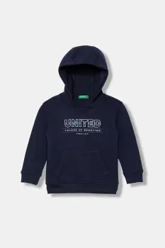 United Colors of Benetton hanorac de bumbac pentru copii culoarea bleumarin, cu gluga, cu model, 3J68G2014 imagine