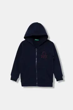 United Colors of Benetton hanorac de bumbac pentru copii culoarea bleumarin, cu gluga, uni, 3J68G503V imagine