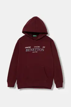 United Colors of Benetton hanorac de bumbac pentru copii culoarea bordo, cu gluga, cu imprimeu, 3J68C204V imagine