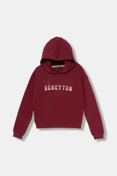 United Colors of Benetton hanorac de bumbac pentru copii culoarea bordo, cu gluga, cu imprimeu, 3J68C204W imagine