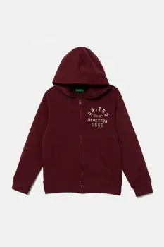 United Colors of Benetton hanorac de bumbac pentru copii culoarea bordo, cu gluga, cu imprimeu, 3J68C505C imagine