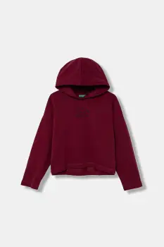 United Colors of Benetton hanorac de bumbac pentru copii culoarea bordo, cu gluga, cu imprimeu, 3NBMC2053 imagine