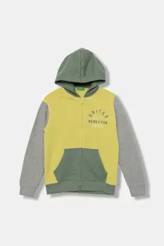 United Colors of Benetton hanorac de bumbac pentru copii culoarea galben, cu gluga, cu imprimeu, 3J68C505C imagine