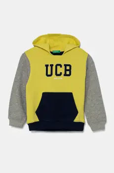 United Colors of Benetton hanorac de bumbac pentru copii culoarea galben, cu gluga, cu imprimeu, 3J68G2011 imagine