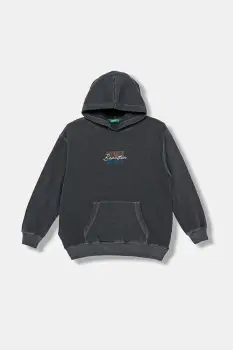 United Colors of Benetton hanorac de bumbac pentru copii culoarea gri, cu gluga, cu imprimeu, 3WITC2054 imagine