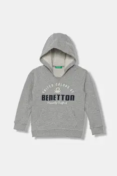 United Colors of Benetton hanorac de bumbac pentru copii culoarea gri, cu gluga, cu model, 3J68G2014 imagine