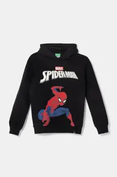 United Colors of Benetton hanorac de bumbac pentru copii culoarea negru, cu gluga, cu imprimeu, 3J68C2044 imagine