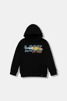 United Colors of Benetton hanorac de bumbac pentru copii culoarea negru, cu gluga, cu imprimeu, 3UNIC204Y imagine