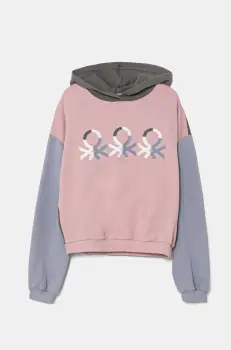 United Colors of Benetton hanorac de bumbac pentru copii culoarea roz, cu gluga, cu imprimeu, 3J68C204D imagine