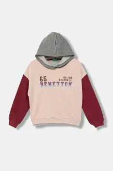 United Colors of Benetton hanorac de bumbac pentru copii culoarea roz, cu gluga, cu imprimeu, 3J68C204W imagine