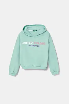 United Colors of Benetton hanorac de bumbac pentru copii culoarea turcoaz, cu gluga, cu imprimeu, 3J68C204D imagine