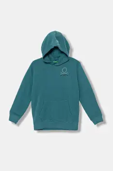 United Colors of Benetton hanorac de bumbac pentru copii culoarea turcoaz, cu gluga, cu imprimeu, 3J68C204V imagine