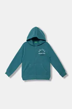 United Colors of Benetton hanorac de bumbac pentru copii culoarea turcoaz, cu gluga, cu imprimeu, 3J68C505C imagine