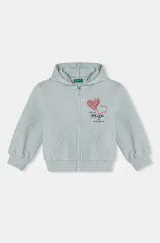 United Colors of Benetton hanorac de bumbac pentru copii culoarea turcoaz, cu gluga, cu imprimeu, 3J68G503T imagine