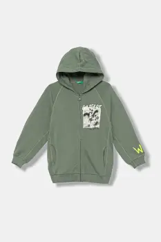 United Colors of Benetton hanorac de bumbac pentru copii culoarea verde, cu gluga, cu imprimeu, 33NVC505A imagine
