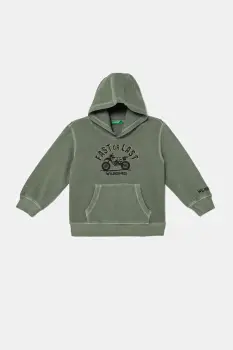 United Colors of Benetton hanorac de bumbac pentru copii culoarea verde, cu gluga, cu imprimeu, 3WITG2015 imagine