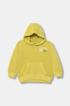 United Colors of Benetton hanorac de bumbac pentru copii culoarea verde, cu gluga, cu imprimeu, 3WITG2015 imagine