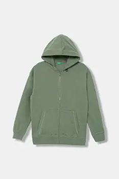 United Colors of Benetton hanorac de bumbac pentru copii culoarea verde, cu gluga, uni, 3NBMC505H imagine