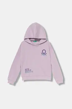 United Colors of Benetton hanorac de bumbac pentru copii culoarea violet, cu gluga, cu imprimeu, 3J68C204W imagine