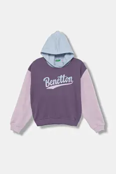 United Colors of Benetton hanorac de bumbac pentru copii culoarea violet, cu gluga, cu imprimeu, 3J68C204W imagine