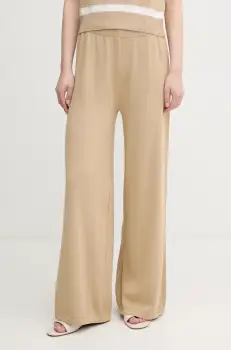 United Colors of Benetton pantaloni de bumbac femei, culoarea bej, lat, high waist, 1294DF00V imagine