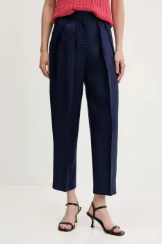 United Colors of Benetton pantaloni din amestec de in culoarea bleumarin, drept, high waist, 45BVDF09B imagine