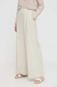 United Colors of Benetton pantaloni din in culoarea bej, lat, high waist imagine