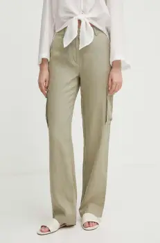 United Colors of Benetton pantaloni din in culoarea verde, drept, high waist imagine