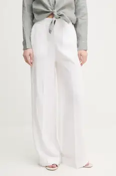 United Colors of Benetton pantaloni din in femei, culoarea alb, drept, high waist, 4AGHDF08K imagine