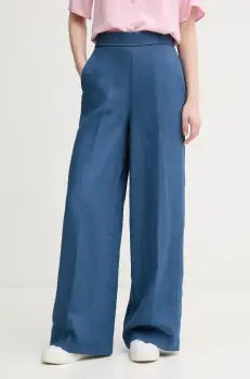 United Colors of Benetton pantaloni din in femei, culoarea bleumarin, drept, high waist, 4AGHDF08K imagine