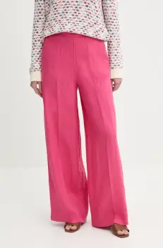 United Colors of Benetton pantaloni din in femei, culoarea roz, drept, high waist, 4AGHDF08K imagine