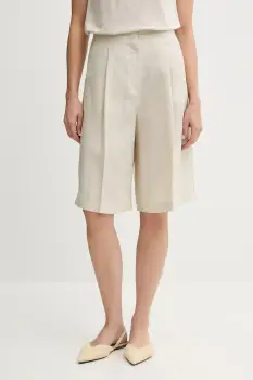 United Colors of Benetton pantaloni scurti din amestec de in culoarea bej, uni, high waist, 45BVD9026 imagine