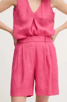 United Colors of Benetton pantaloni scurti din in culoarea roz, uni, high waist, 4AGHD901V imagine